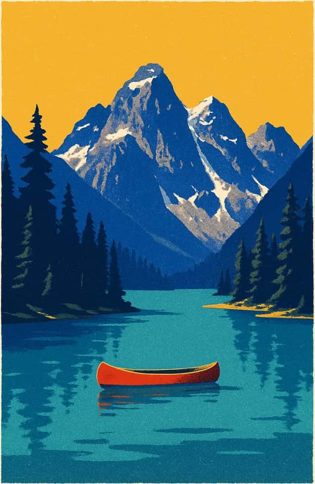 Un lac de montagne et un canoë rouge