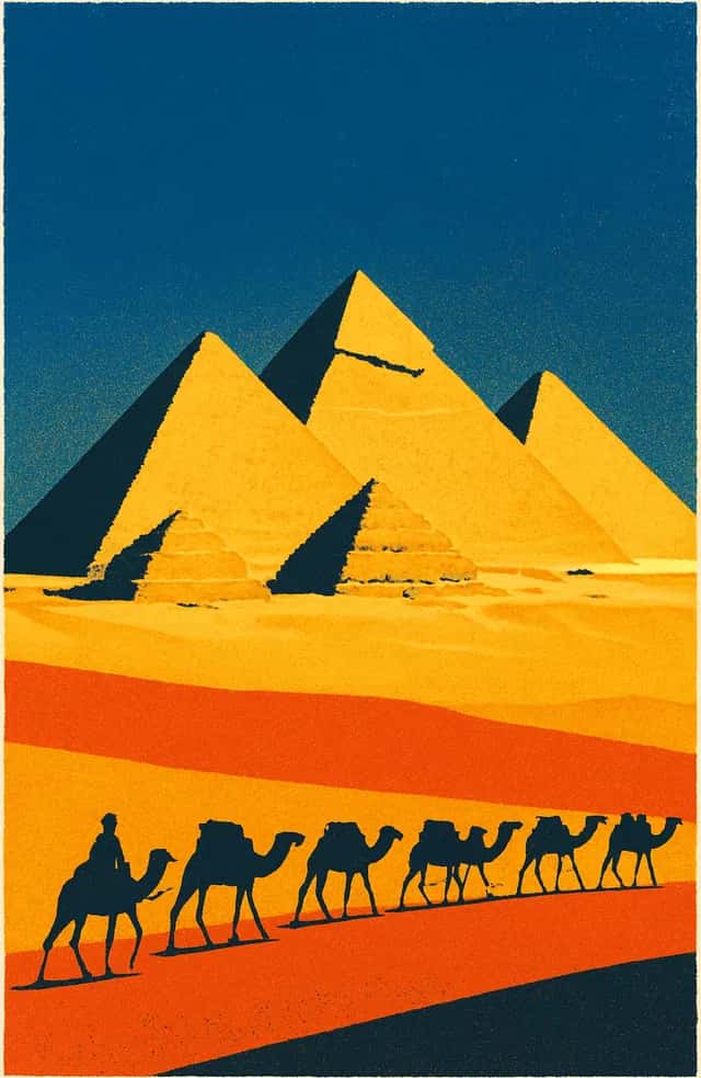 Les pyramides de Gizeh et une caravane