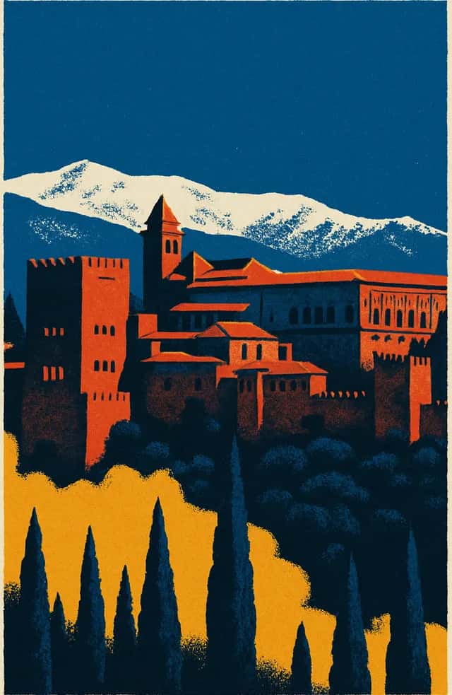 L'Alhambra de Grenade devant la Sierra Nevada