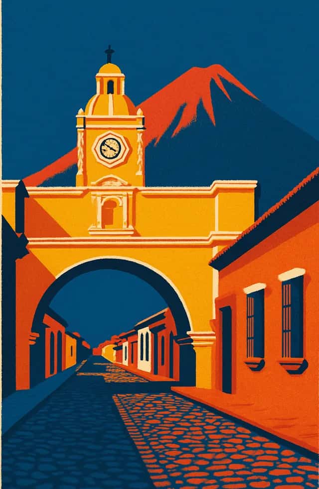 L'arche d'Antigua et le volcan Agua