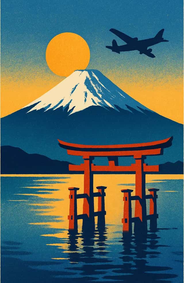 Le mont Fuji et un torii au bord de l'eau
