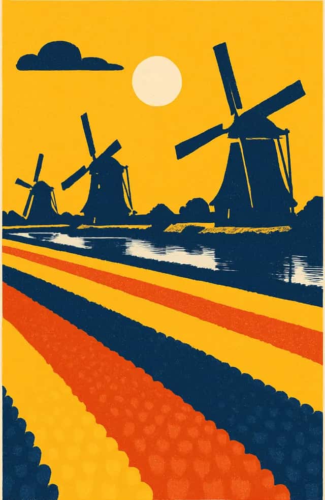 Les moulins de Kinderdijk et les tulipes