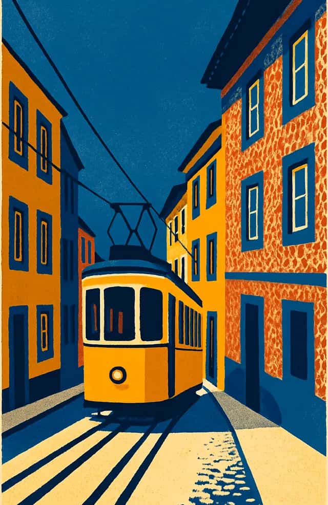 Un tramway jaune dans une rue de Lisbonne